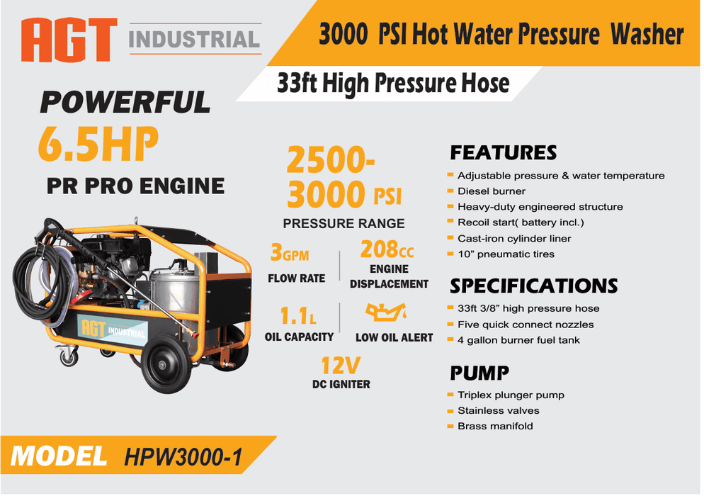 Hot Water High Pressure Washer Machine 3000 PSI | AGT-HPW3000-1 | AGT ...